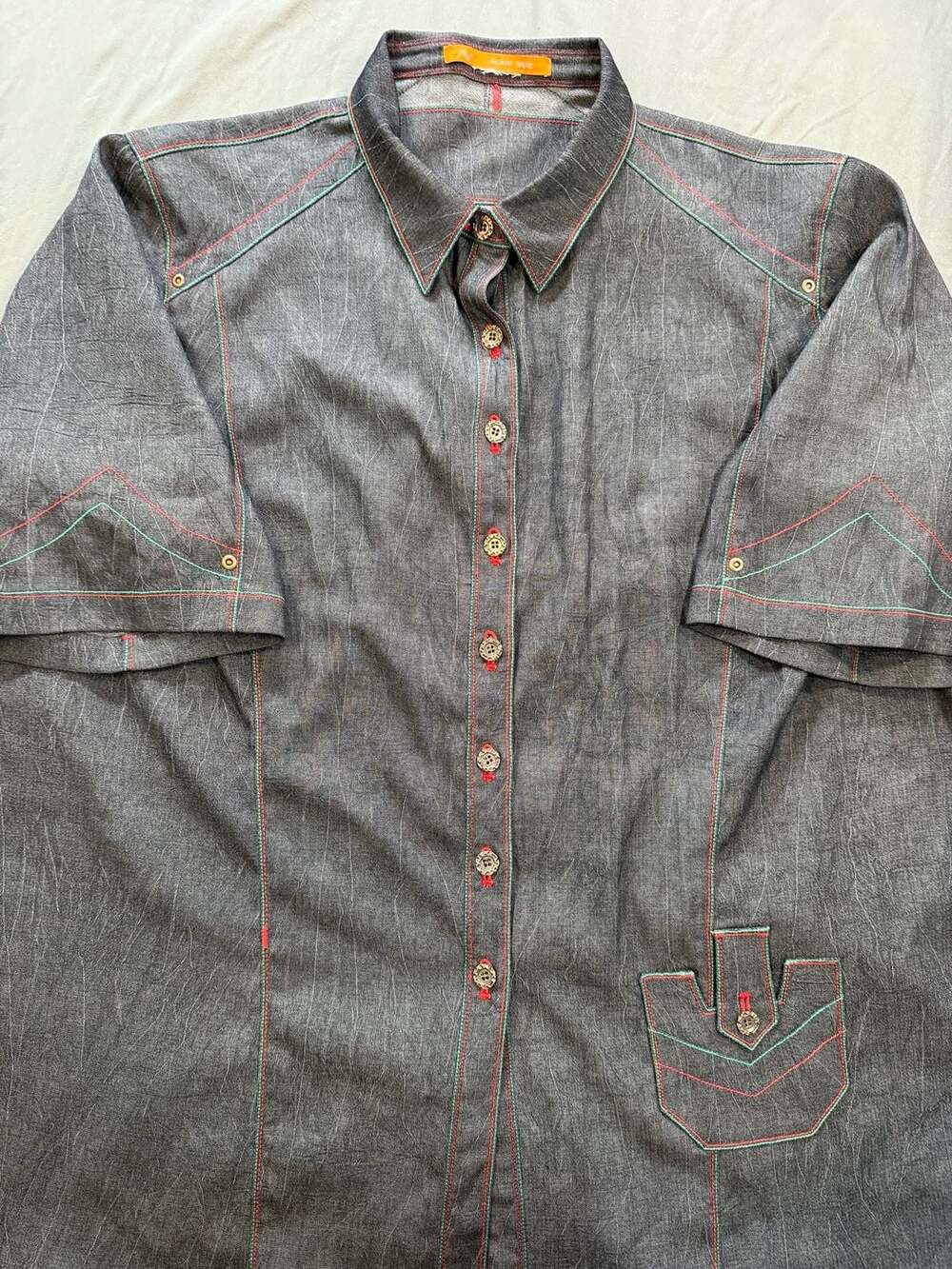Alain Weiz Dark Gray Textured Denim Short Sleeve Button-Down Shirt